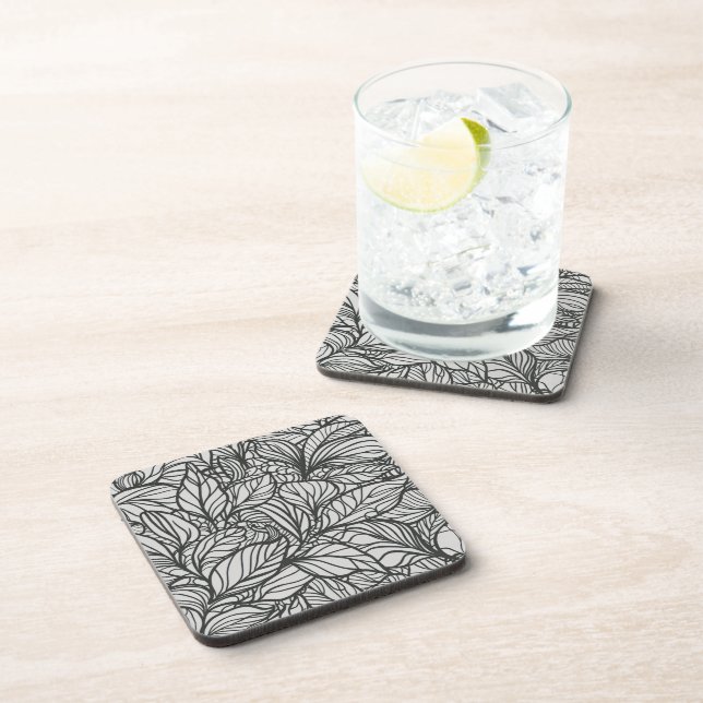 Black and White Leaves Pattern Coaster (Right Side)