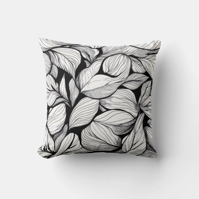 Black And White Leaves Pattern Cushion (Front)