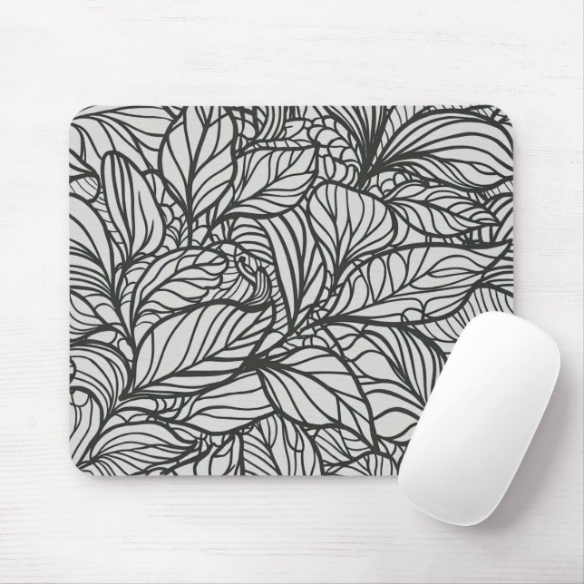 Black and White Leaves Pattern Mouse Mat (With Mouse)