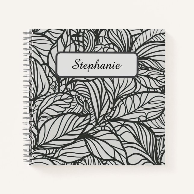 Black and White Leaves Pattern Personalised Notebook (Front)
