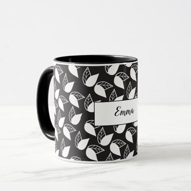 Black and white leaves personalised mug (Front Left)