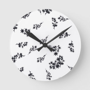 Black and White Leaves Round Clock