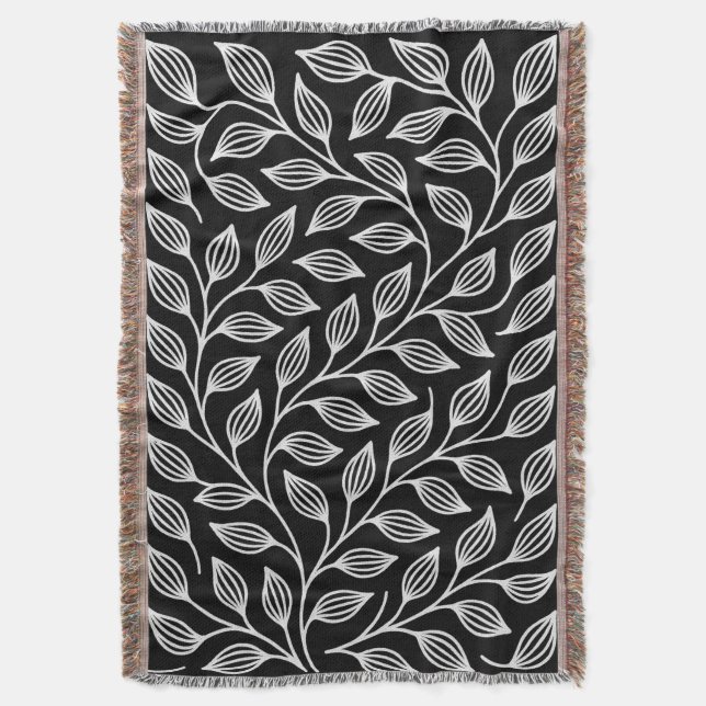 Black and White Leaves Throw Blanket (Front Vertical)