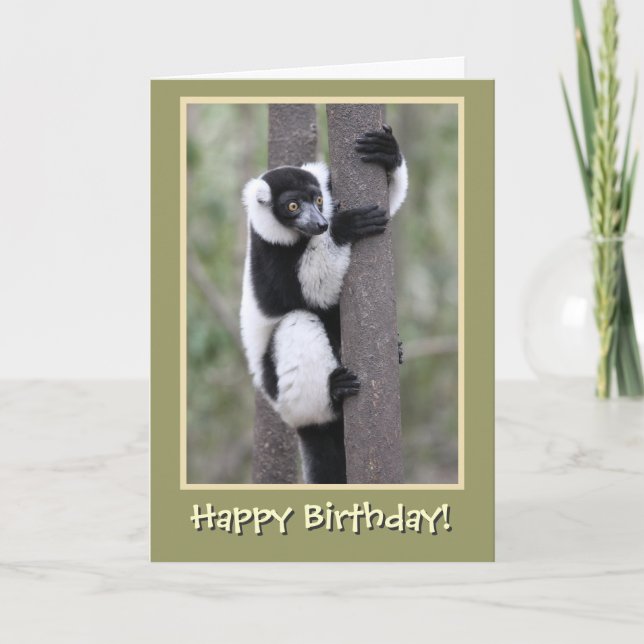 Black and White Lemur Happy Birthday Card (Front)
