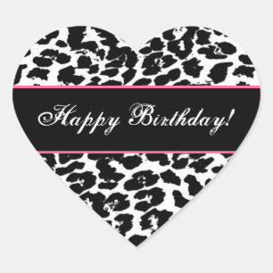 Black and White Leopard Happy Birthday G561 Heart Sticker