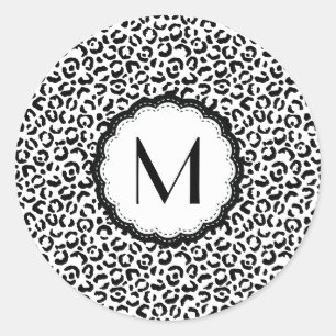 Black and White Leopard Monogram Classic Round Sticker