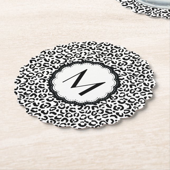 Black and White Leopard Monogram Paper Coaster (Angled)