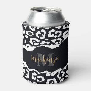 Black and White Leopard Print Can Cooler