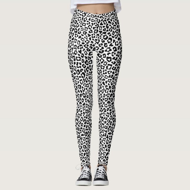 Black and White Leopard Print Fun Safari Pattern Leggings (Front)