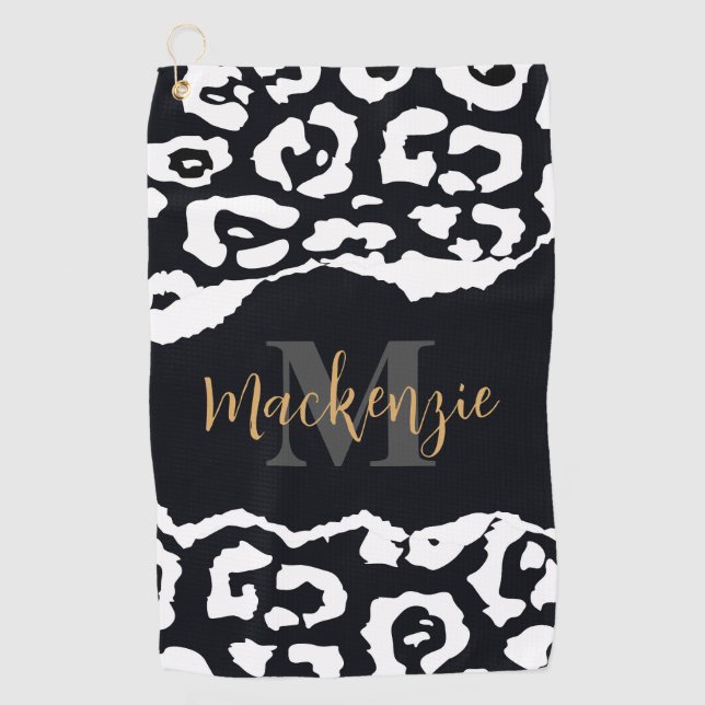 Black and White Leopard Print Golf Towel (Front)