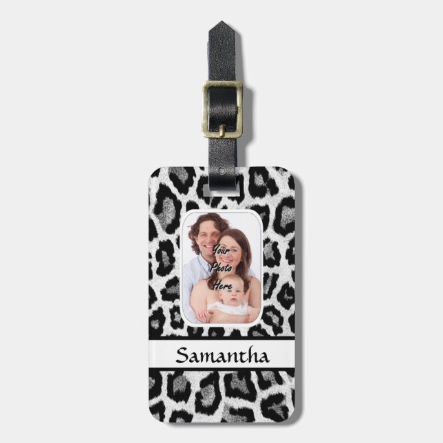 Black and white leopard print luggage tag (Front Vertical)