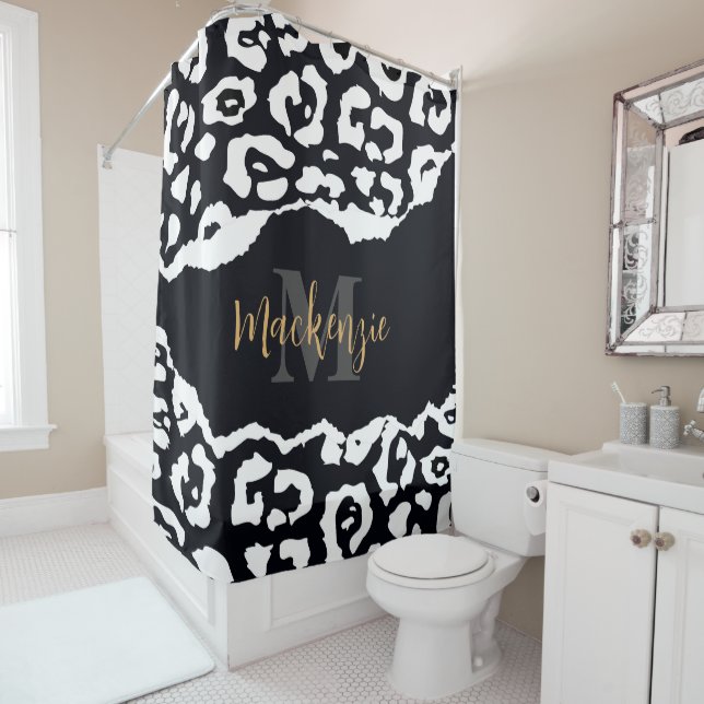 Black and White Leopard Print Shower Curtain (In Situ)
