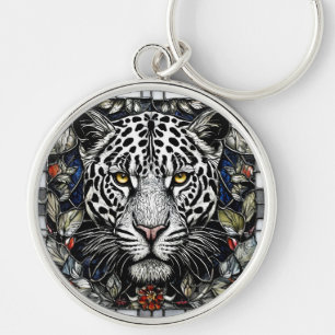 Black and white leopard surrounded by flowers key ring