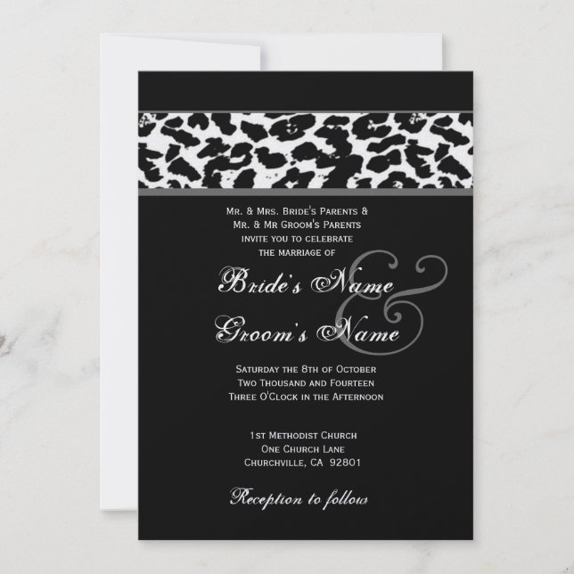 Black and White Leopard  Wedding Metallic Paper Invitation (Front)