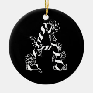 Black and White Letter "A" with Twining Flowers Ceramic Tree Decoration