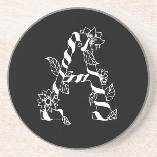 Black and White Letter "A" with Twining Flowers Coaster