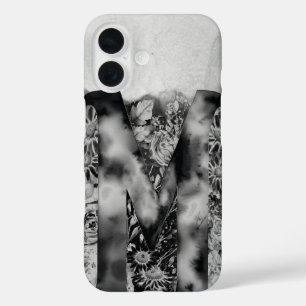 Black and White Letter M Trippy Floral Watercolor  iPhone 16 Case