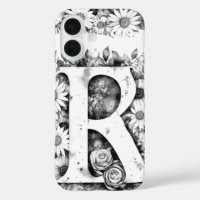 Black and White Letter R Elegant Floral Watercolor