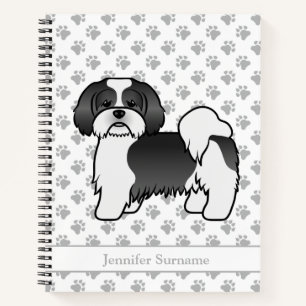 Black And White Lhasa Apso Cartoon Dog & Name Notebook