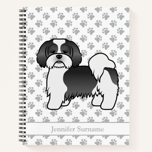 Black And White Lhasa Apso Cartoon Dog & Name Notebook (Front)