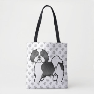 Black And White Lhasa Apso Cartoon Dog & Paws Tote Bag