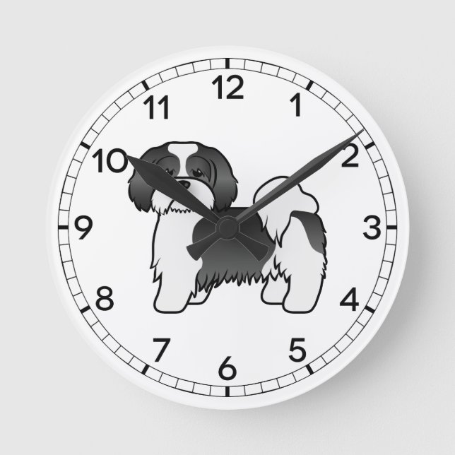 Black And White Lhasa Apso Cute Cartoon Dog Round Clock (Front)