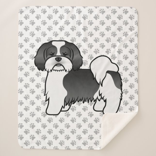 Black And White Lhasa Apso Cute Cartoon Dog Sherpa Blanket (Front)