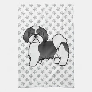 Black And White Lhasa Apso Cute Cartoon Dog Tea Towel