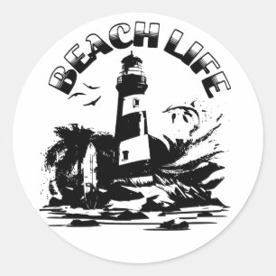 Black and White Lighthouse Beach Life Classic Round Sticker
