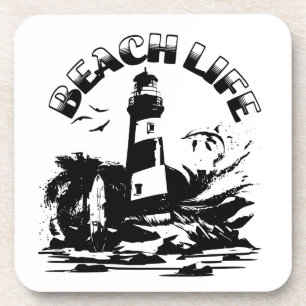 Black and White Lighthouse Beach Life Coaster