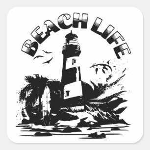 Black and White Lighthouse Beach Life Square Sticker