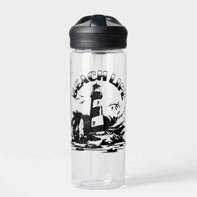 Black and White Lighthouse Beach Life Water Bottle (Front)