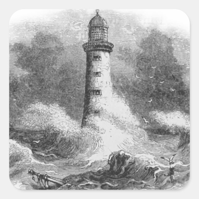 Black and White Lighthouse Etching Square Sticker (Front)