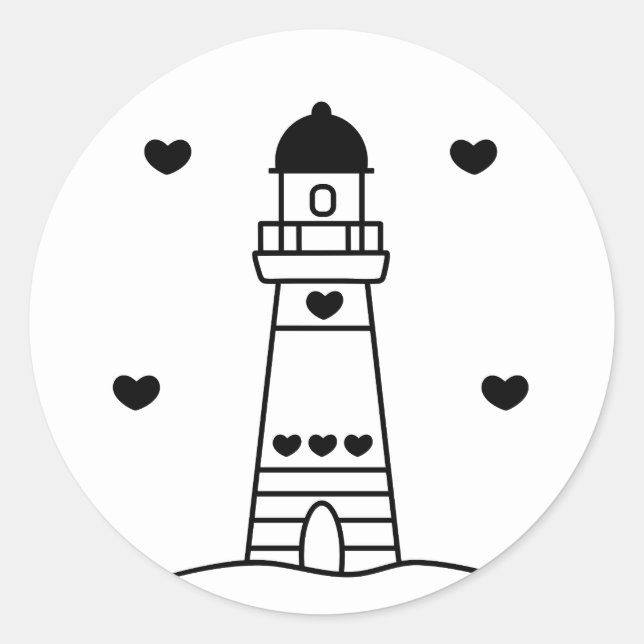 Black and White Lighthouse with Hearts Classic Round Sticker (Front)