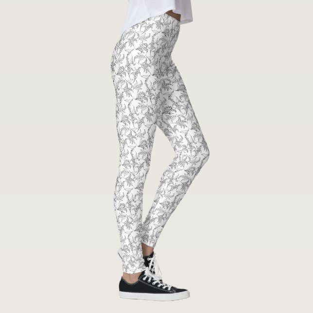 Black and White Lily-of-the-Valley Floral Outline Leggings (Right)
