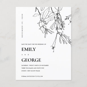 BLACK AND WHITE LINE DRAWING FLORAL SAVE THE DATE ANNOUNCEMENT POSTCARD