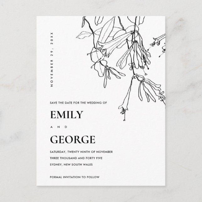 BLACK AND WHITE LINE DRAWING FLORAL SAVE THE DATE ANNOUNCEMENT POSTCARD (Front)