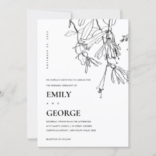 BLACK AND WHITE LINE DRAWING FLORAL WEDDING INVITE