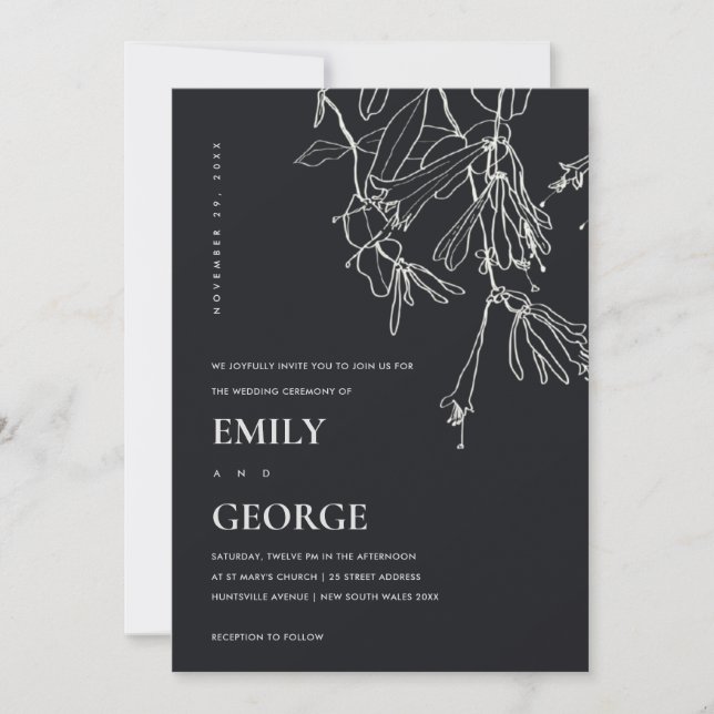 BLACK AND WHITE LINE DRAWING FLORAL WEDDING INVITE (Front)