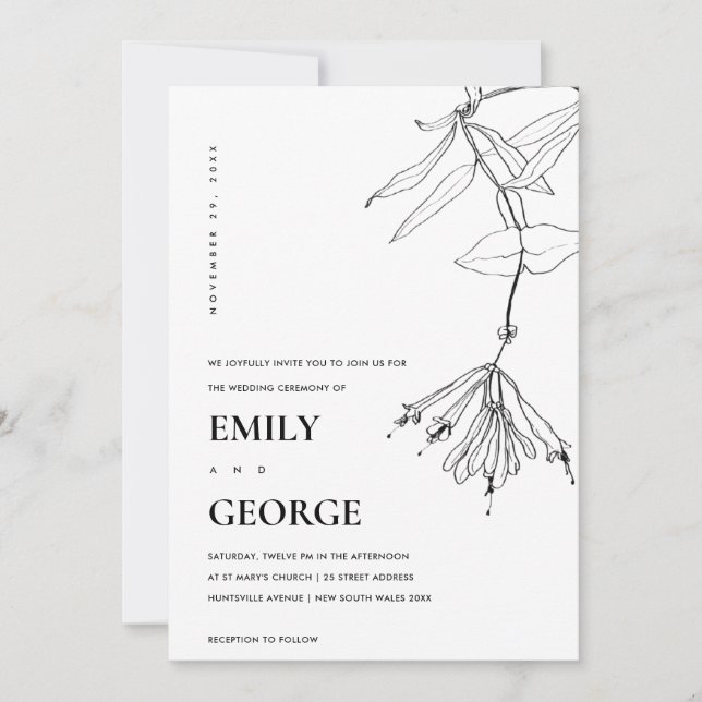 BLACK AND WHITE LINE DRAWING FLORAL WEDDING INVITE (Front)