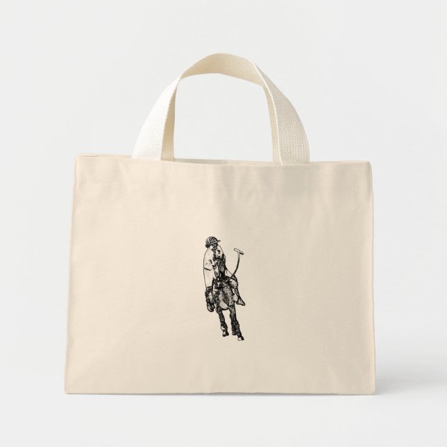 Black and White Line Drawing Polo Player Mini Tote Bag (Front)