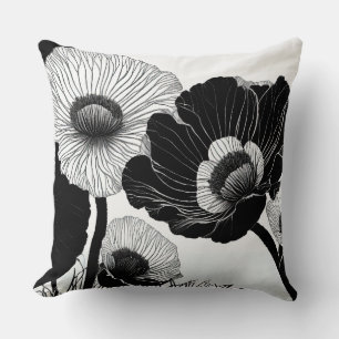 Black and White Line Drawing Poppies Cushion