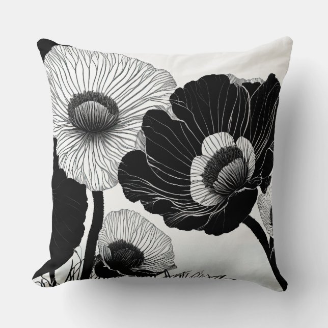 Black and White Line Drawing Poppies Cushion (Front)