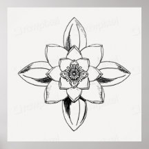 Black and white line drawing water lily flower