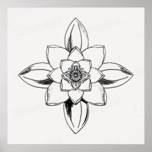 Black and white line drawing water lily flower poster
