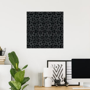 Black and White Linear Block Pattern - Black Poster