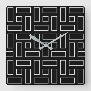 Black and White Linear Block Pattern - Black Square Wall Clock