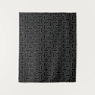 Black and White Linear Block Pattern - Black Tapestry