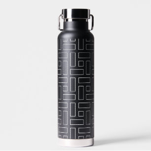 Black and White Linear Block Pattern - Black Water Bottle
