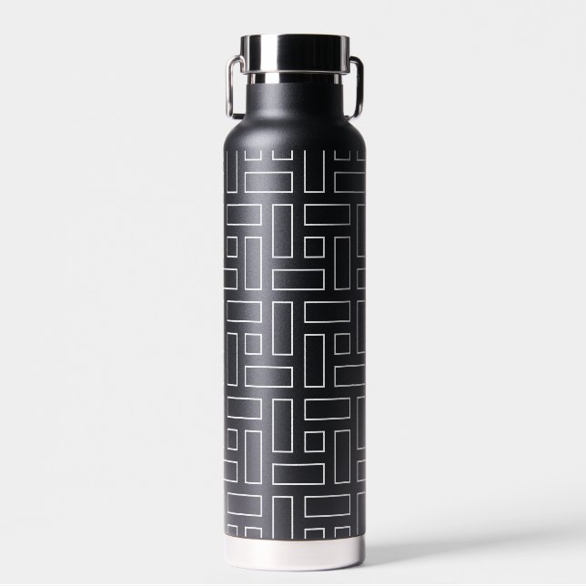Black and White Linear Block Pattern - Black Water Bottle (Front)
